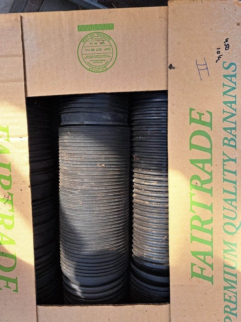 Doos met 450 ronde potjes 10.5 cm € 30, Kunststof, Gebruikt, Rond, Ophalen of Verzenden