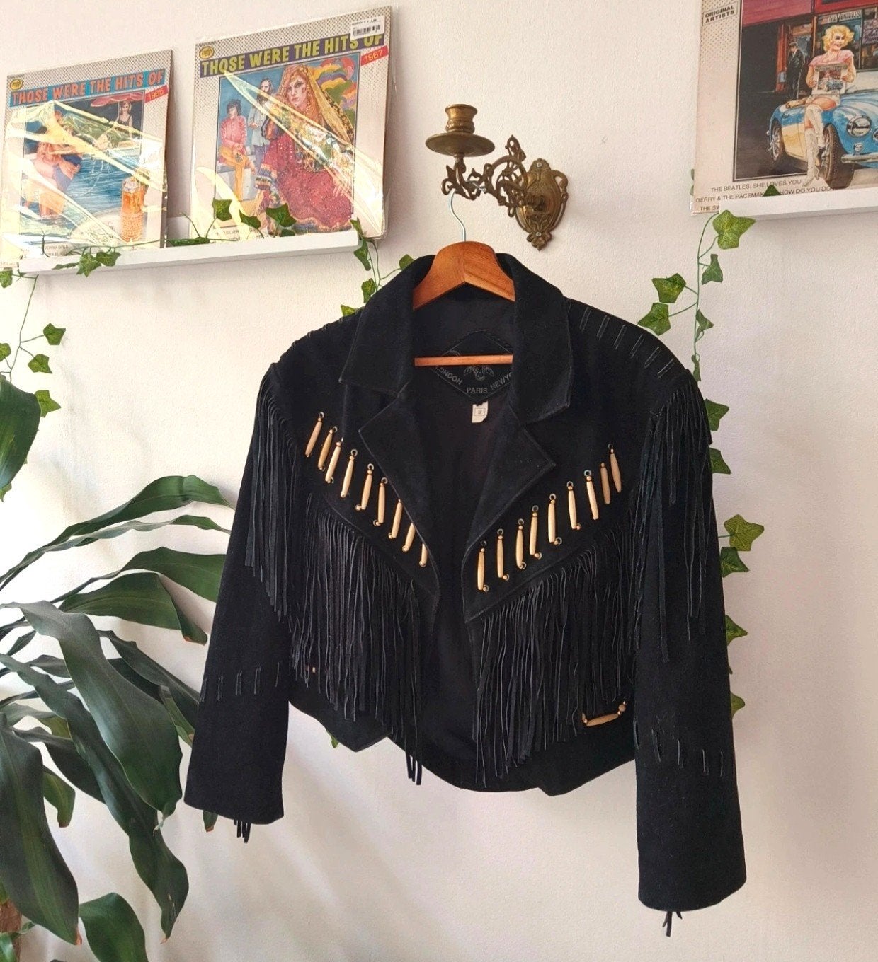 Vintage Westerse Suede Jas Zwart met Franjes, Zwart, Ophalen of Verzenden, Gedragen, Maat 38/40 (M)