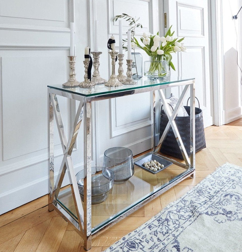Sidetable Rivera Maison. Zilver, Ophalen, 100 tot 150 cm, Zo goed als nieuw, Glas
