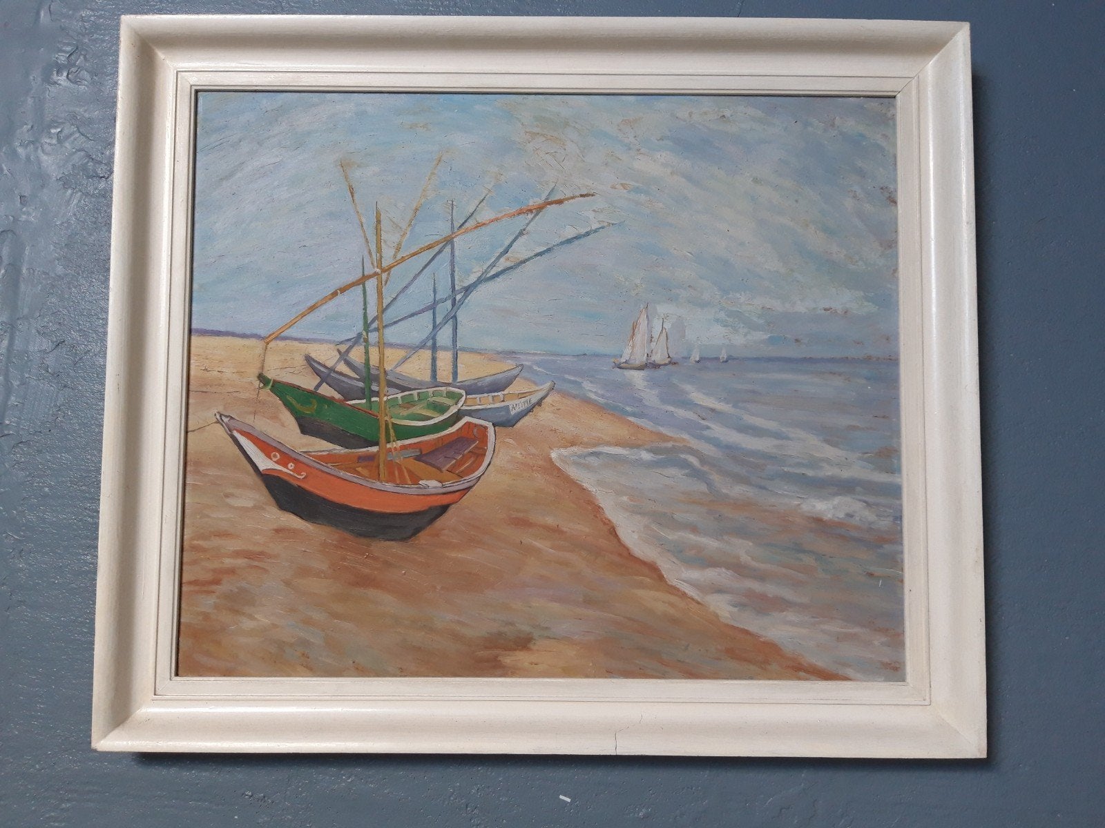 Schilderij met boten op het strand, Ophalen of Verzenden
