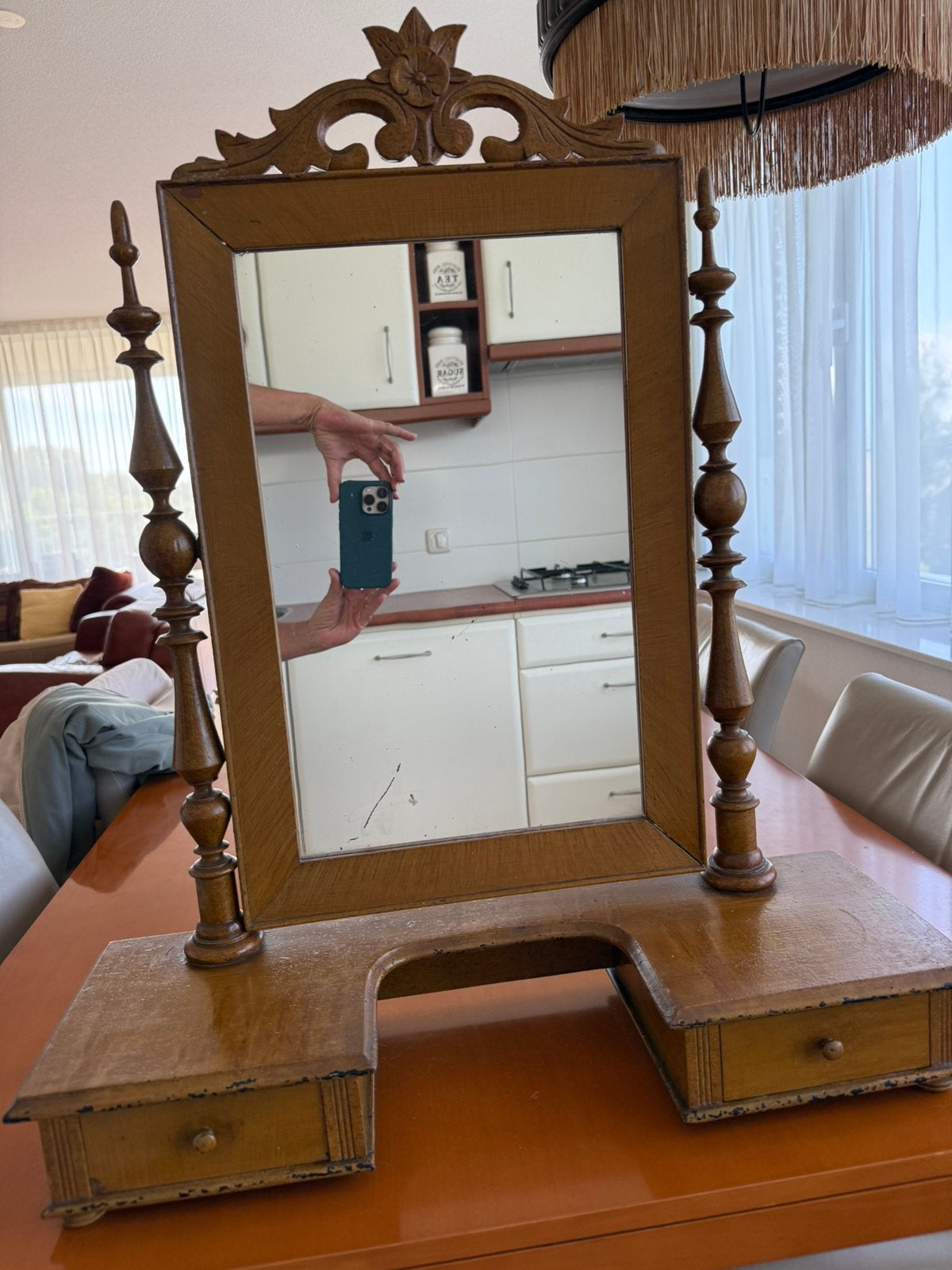 Antieke houten kapspiegel / toilettafelspiegel met lades, Ophalen, Rechthoekig, 50 tot 100 cm, Minder dan 100 cm