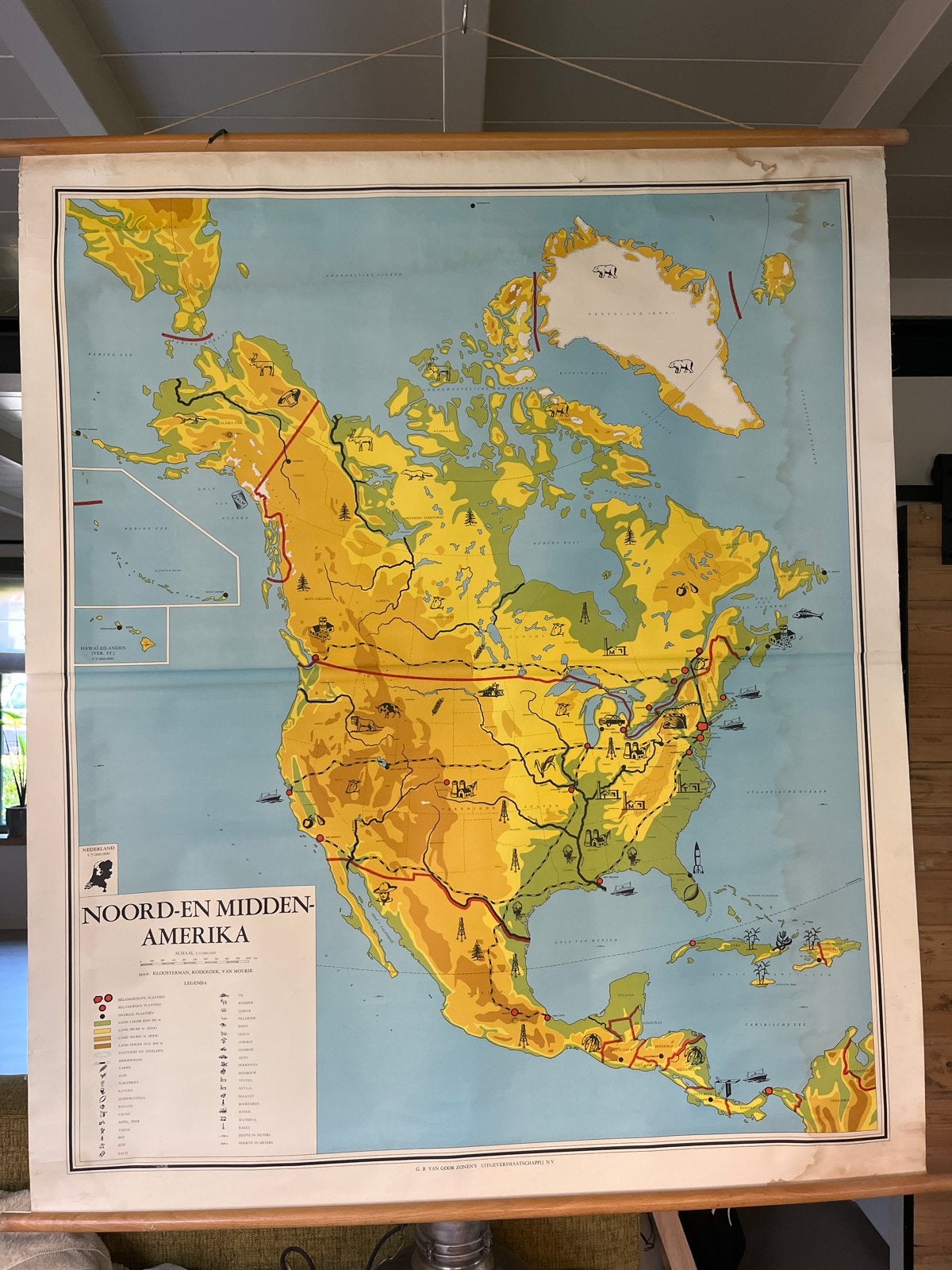 Vintage Schoolkaart Noord- en Midden-Amerika 120x140cm, Antiek en Kunst, Ophalen, Aardrijkskunde