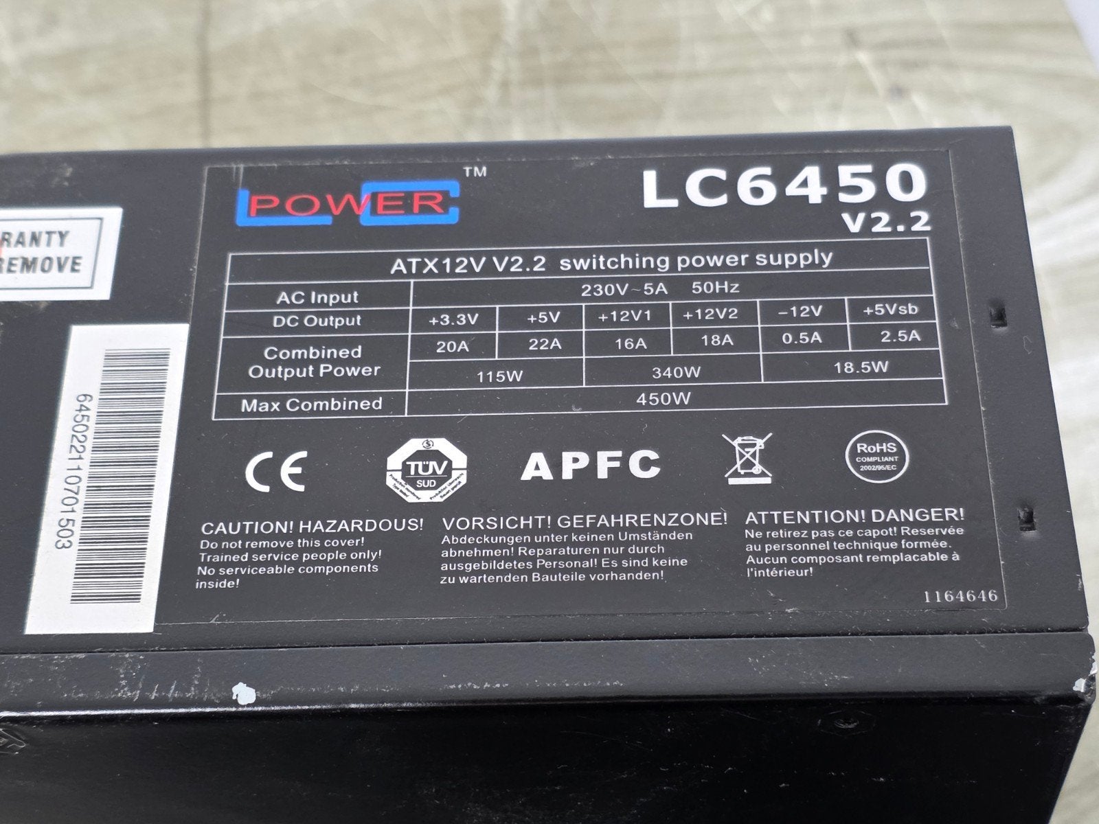 lc power 450w max voeding psu power supply lc6450 v2.2, Gebruikt, ., Ophalen of Verzenden, .