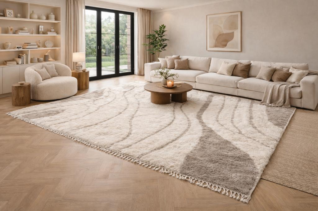 Hoogpolig Handgemaakt 100% wol m’rirt tapijt 300 x 350 cm, Crème, Boho, handgemaakt, berber, m’rrit, Ophalen of Verzenden, 200 cm of meer