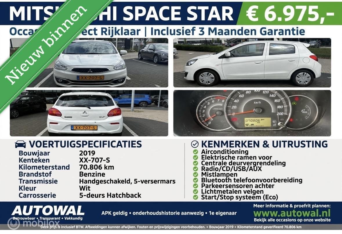 Mitsubishi Space Star 1.0 Cool+, Auto's, Gebruikt, Euro 6, Wit, Origineel Nederlands