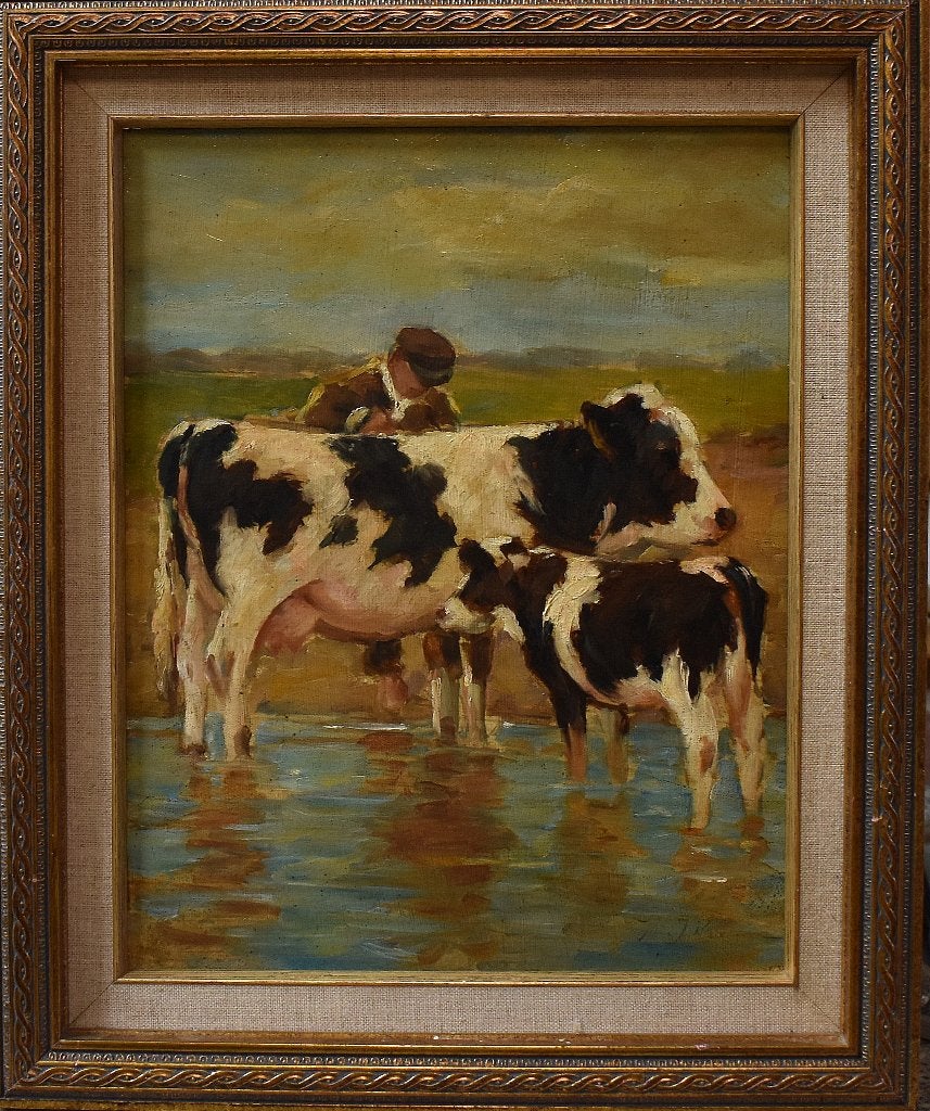 Koeien aan de waterkant--J.Koeman., Paneel, Verzenden, Dieren, Olieverf