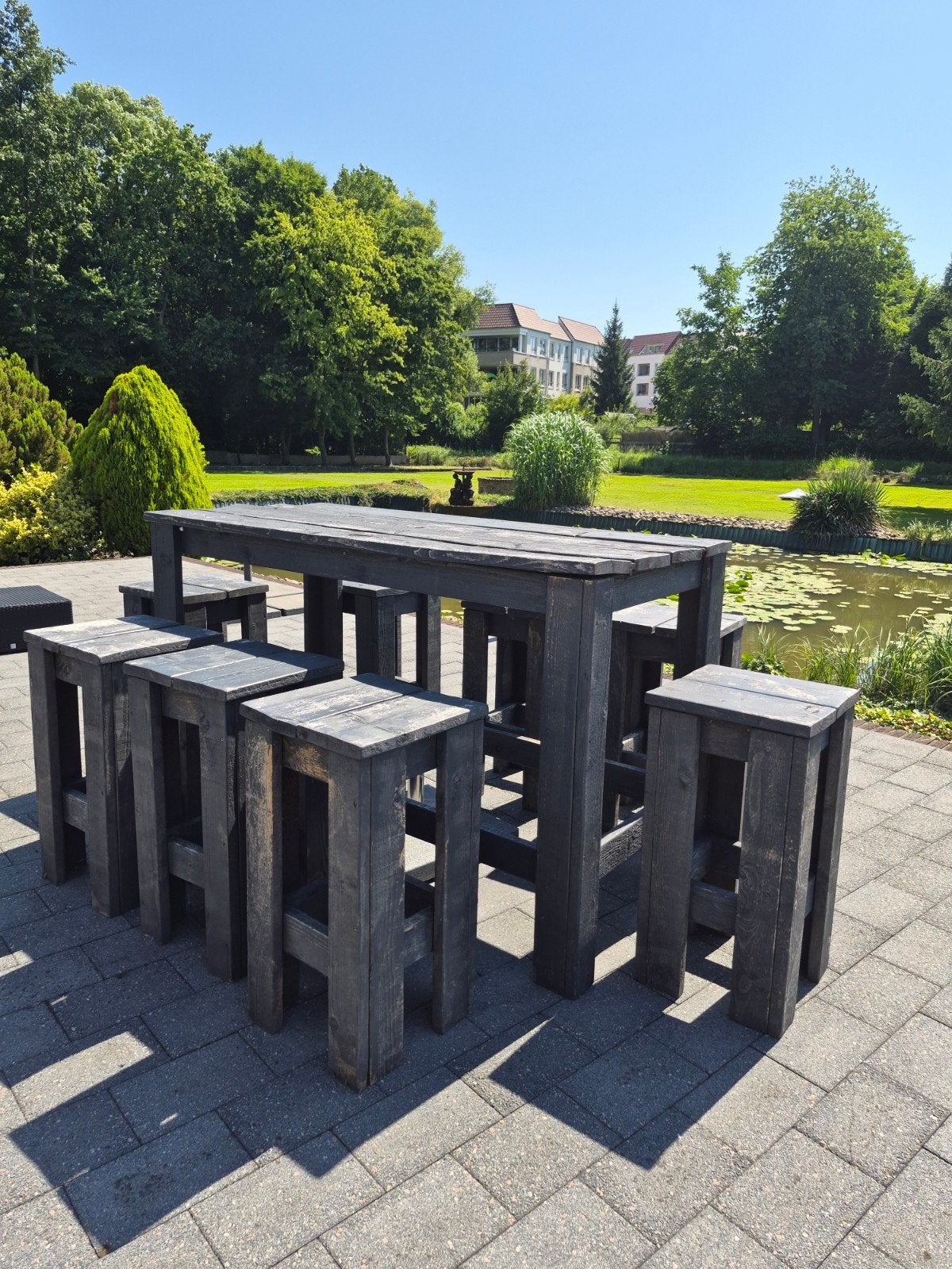Stevige houten bartafel met krukken - opknapper, Ophalen, Gebruikt, Rechthoekig, Hout
