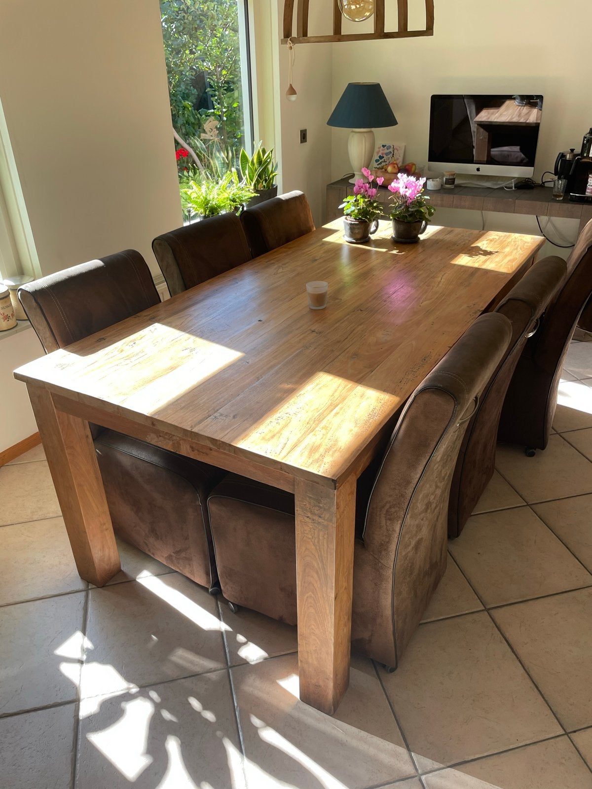 Robuuste houten eettafel met 6 stoelen, Ophalen, 100 tot 150 cm, Zo goed als nieuw, Vijf personen of meer