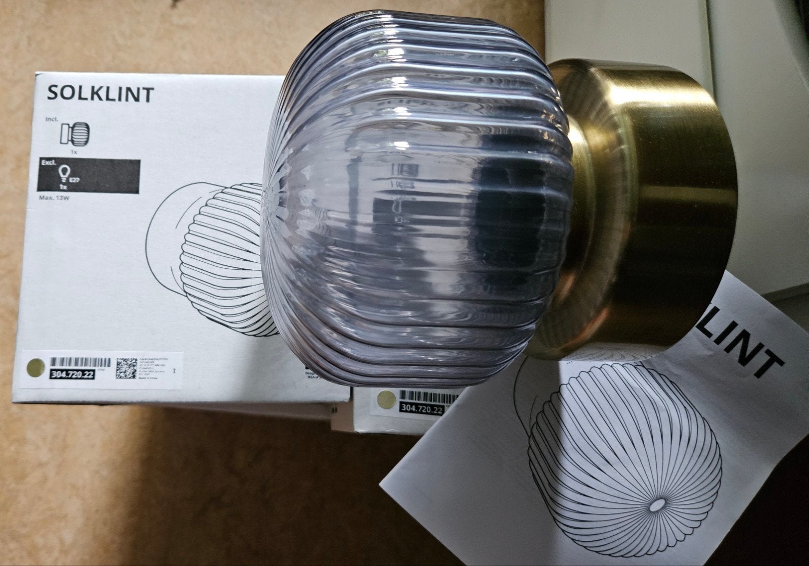 IKEA Solklint Plafondlamp/Wandlampen 2 x - Nieuw in doos, Ophalen, Nieuw, Glas, Goud