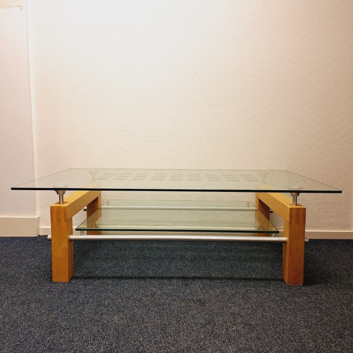 Glazen Salontafel met Houten Onderstel (130 x 70 x 42.5 cm)