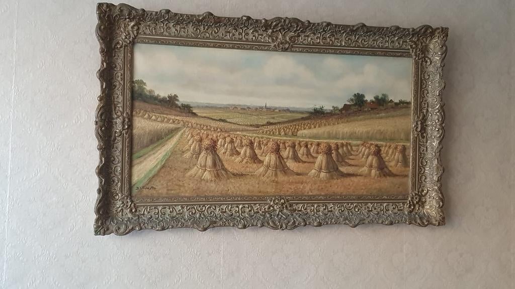 Oud schilderij van een landschap met graanvelden € 70,00 ?, Antiek en Kunst, Ophalen