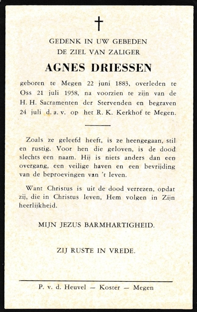 Driessen Agnes 1883 Megen 1958 Oss, Ophalen of Verzenden, Bidprentje