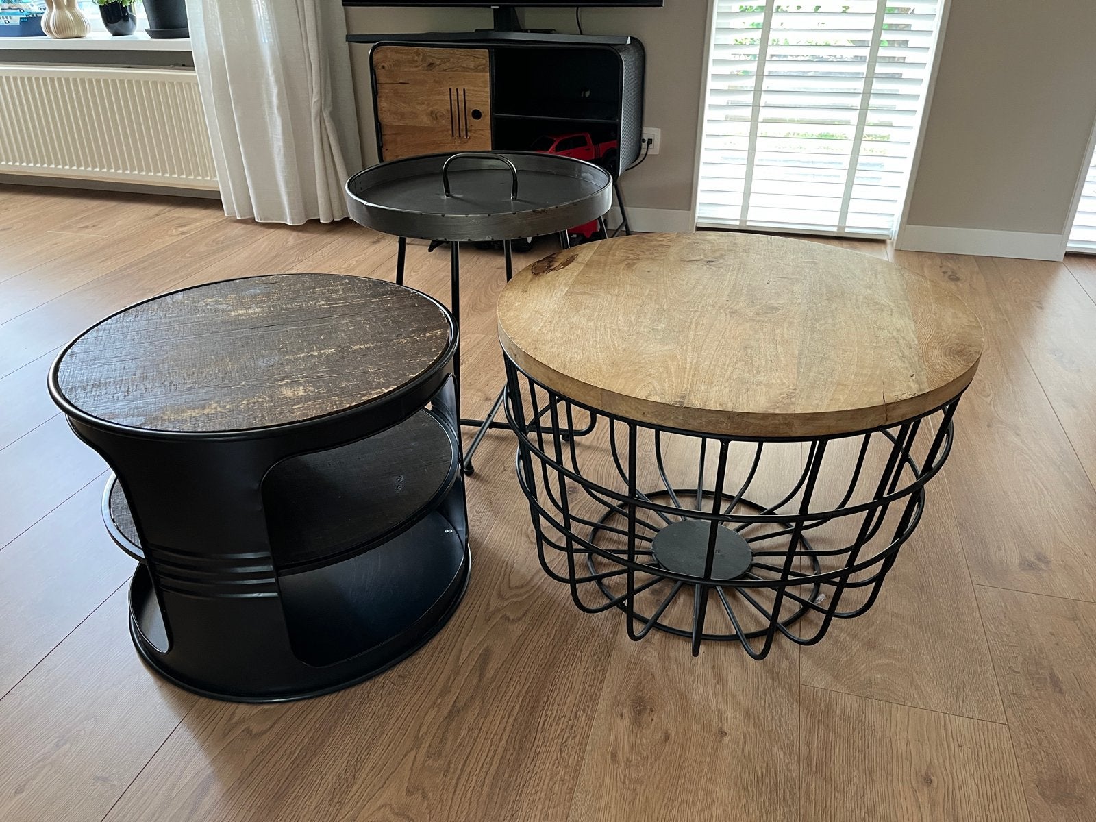 Set van 3 industriële bijzettafels - hout en metaal, Ophalen, Minder dan 45 cm, Minder dan 55 cm, Gebruikt