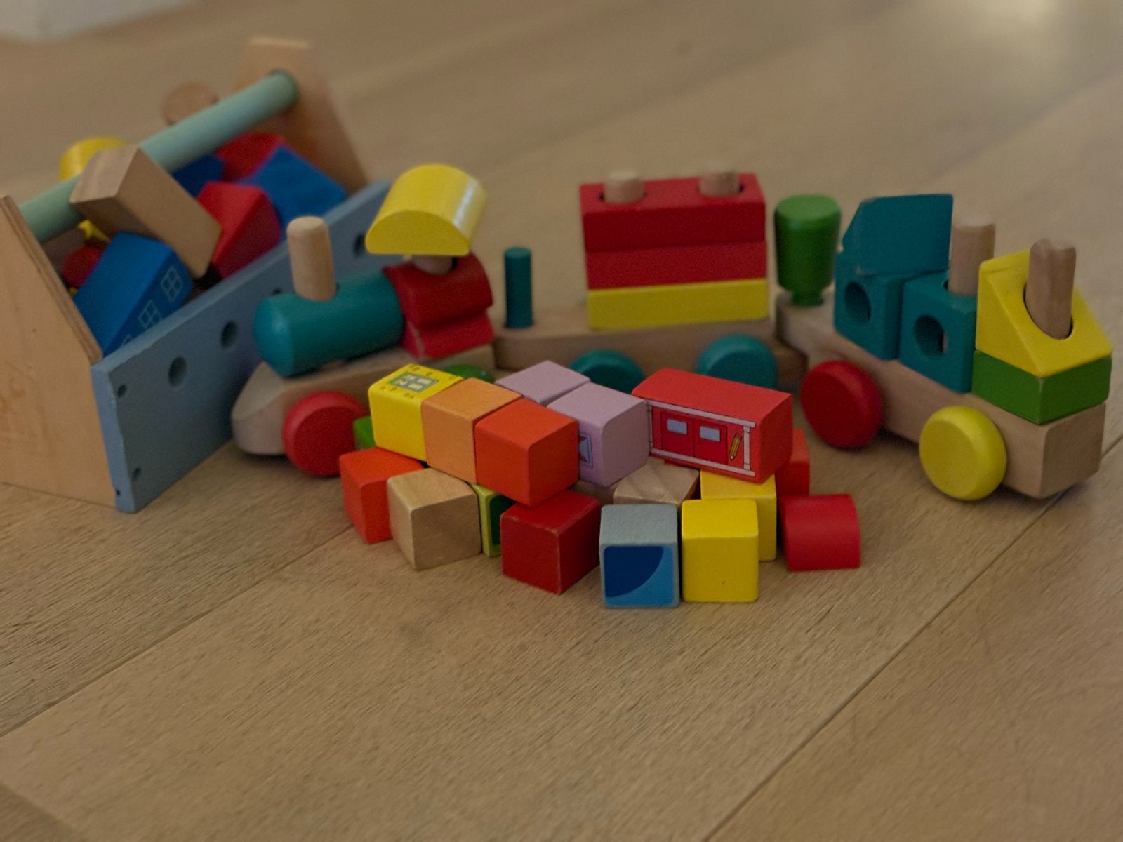 Houten trein en blokken set, Ophalen of Verzenden, Gebruikt, Duw- of Trekspeelgoed