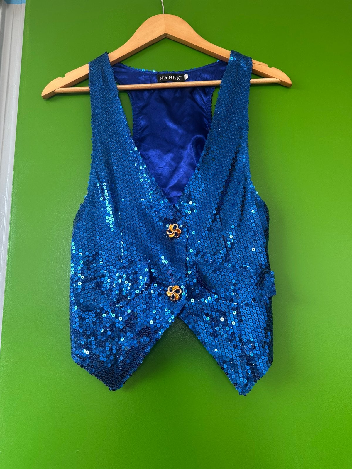 Blauw glitter gilet S/M, Kleding | Dames, Jumpsuits, Ophalen of Verzenden, Gedragen, Maat 38/40 (M), Blauw