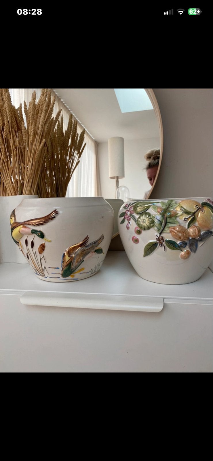 Vintage bloempotten met reliëf (eenden en fruit), Ophalen