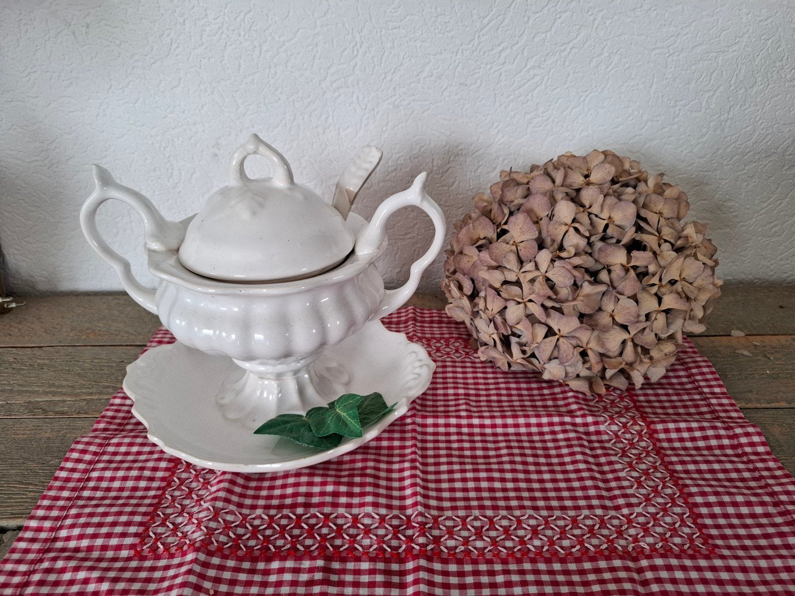 Antieke Terrine/Ragout set Schotel en Lepel - Wit Keramiek, Verzenden