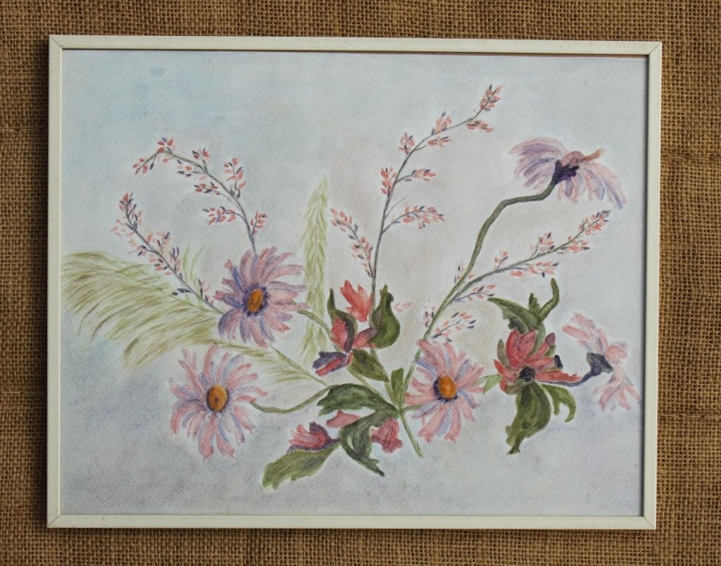 Schilderij aquarel met lijst - stilleven Wilde bloemen   35, Antiek en Kunst, Stilleven, Papier/karton, Ophalen of Verzenden, Gemengde techniek