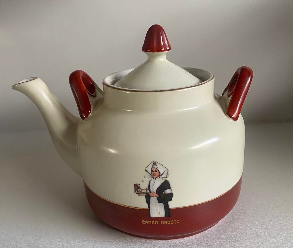 Antieke theepot van DROSTE cacao met afb. zuster., Ophalen of Verzenden