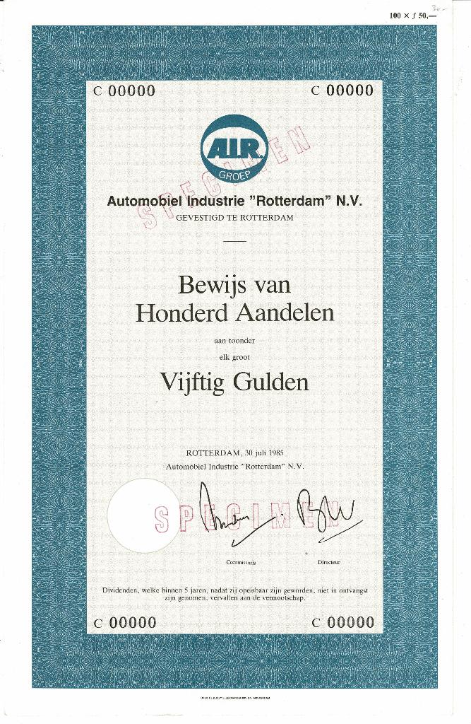 Automobiel Industrie Rotterdam 1985 - Aandeel 100 x ƒ 50, Verzenden, 1970 tot heden, Aandeel
