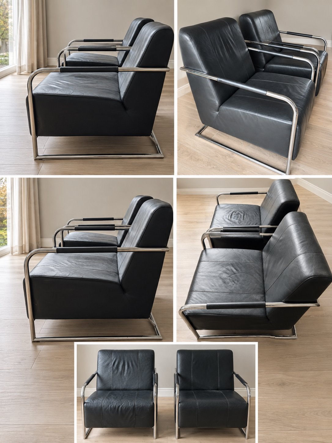 Set van 2 Vintage Zwarte Leren Fauteuils met Chroom Frame, Huis en Inrichting, Ophalen, Gebruikt, Leer, 75 tot 100 cm