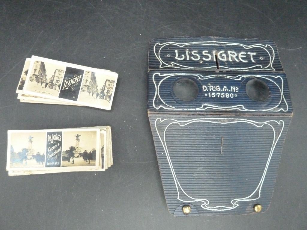 Lissigret antieke stereoscoop met 34 stereofoto's, Ophalen of Verzenden