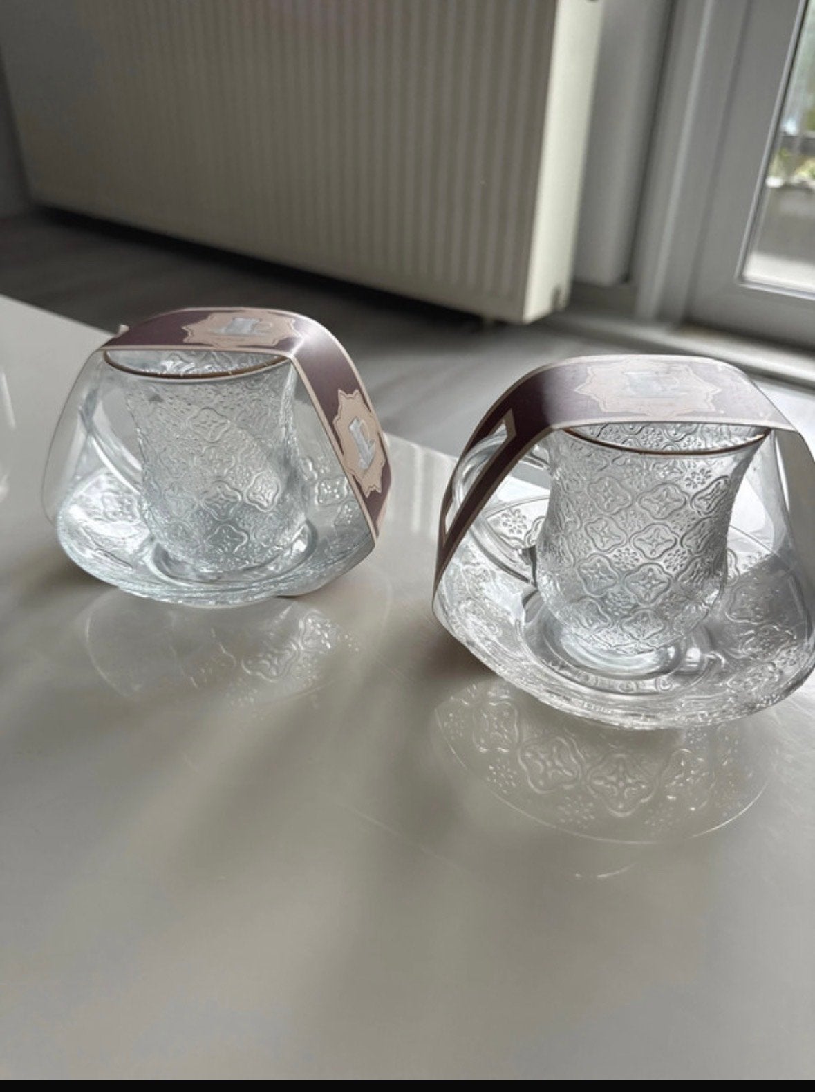 Set van 2 Turkse theeglazen met schoteltjes, Nieuw, Ophalen of Verzenden, Glas, Glas of Glazen