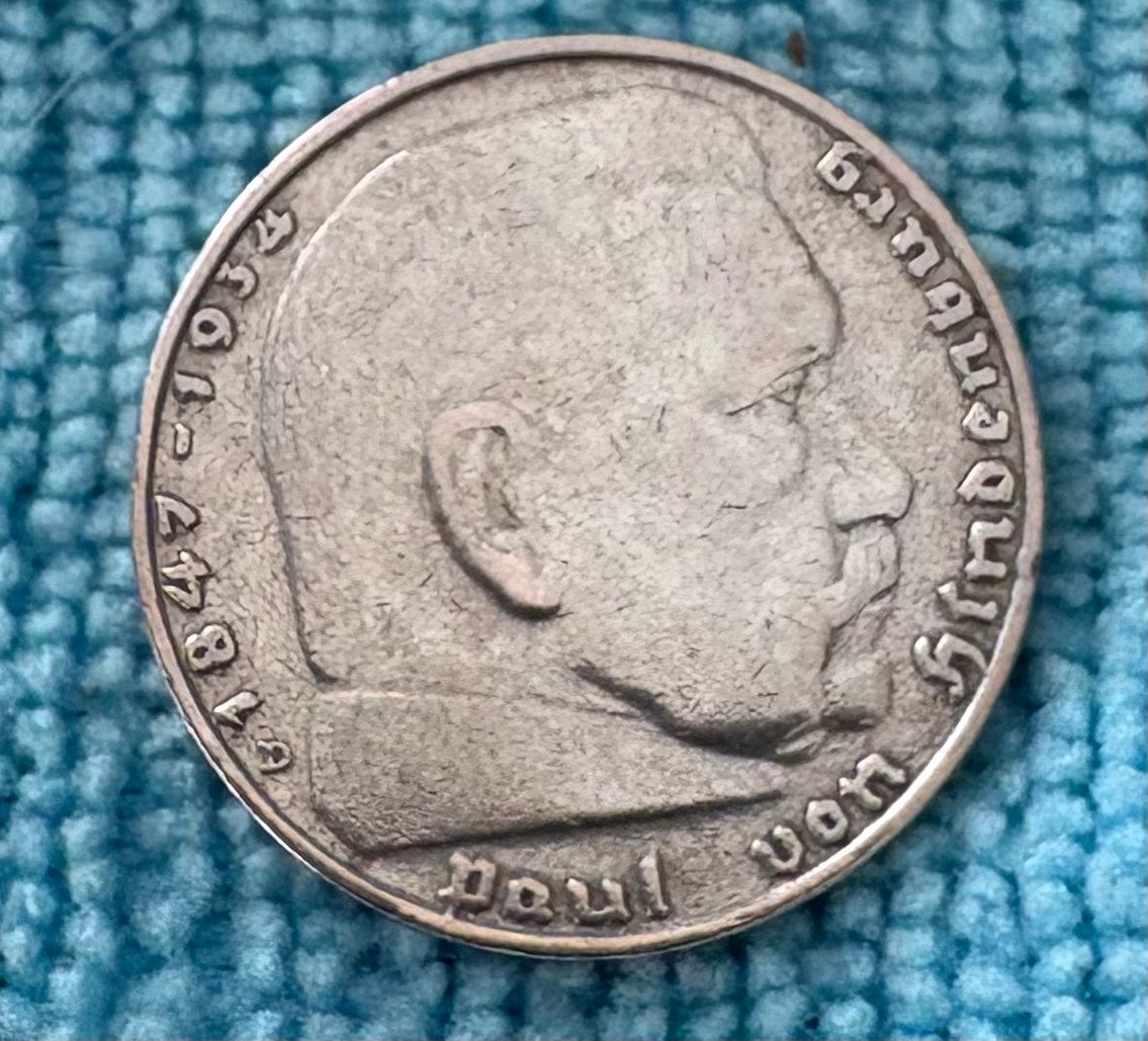 2 Reichsmark 1936D Hindenburg Zilveren Munt, Ophalen of Verzenden, Duitsland, Losse munt, Zilver