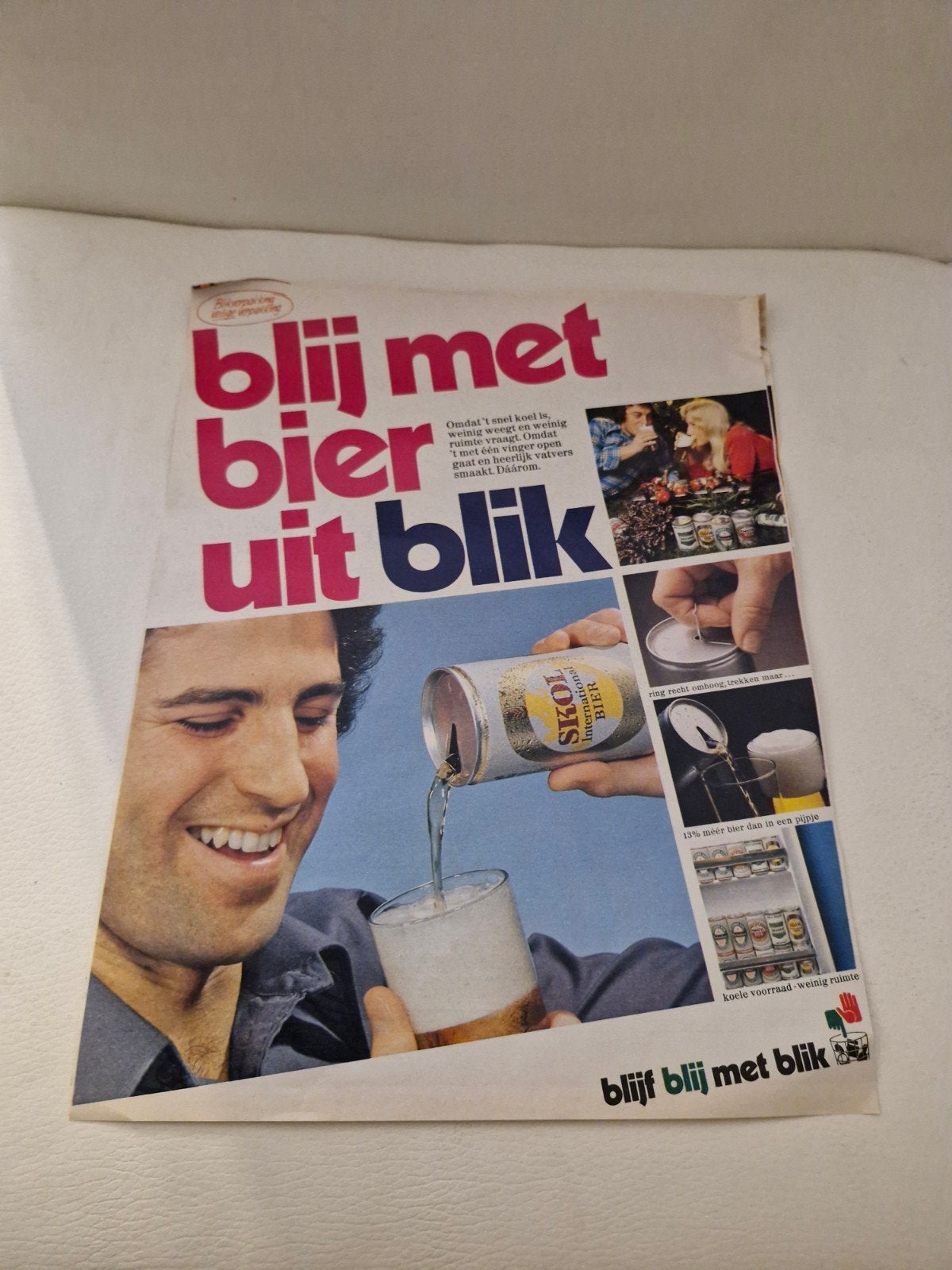 Vintage bier reclame advertenties - Skol en Amstel (jaren '7, Ophalen of Verzenden, Gebruikt, Reclamebord