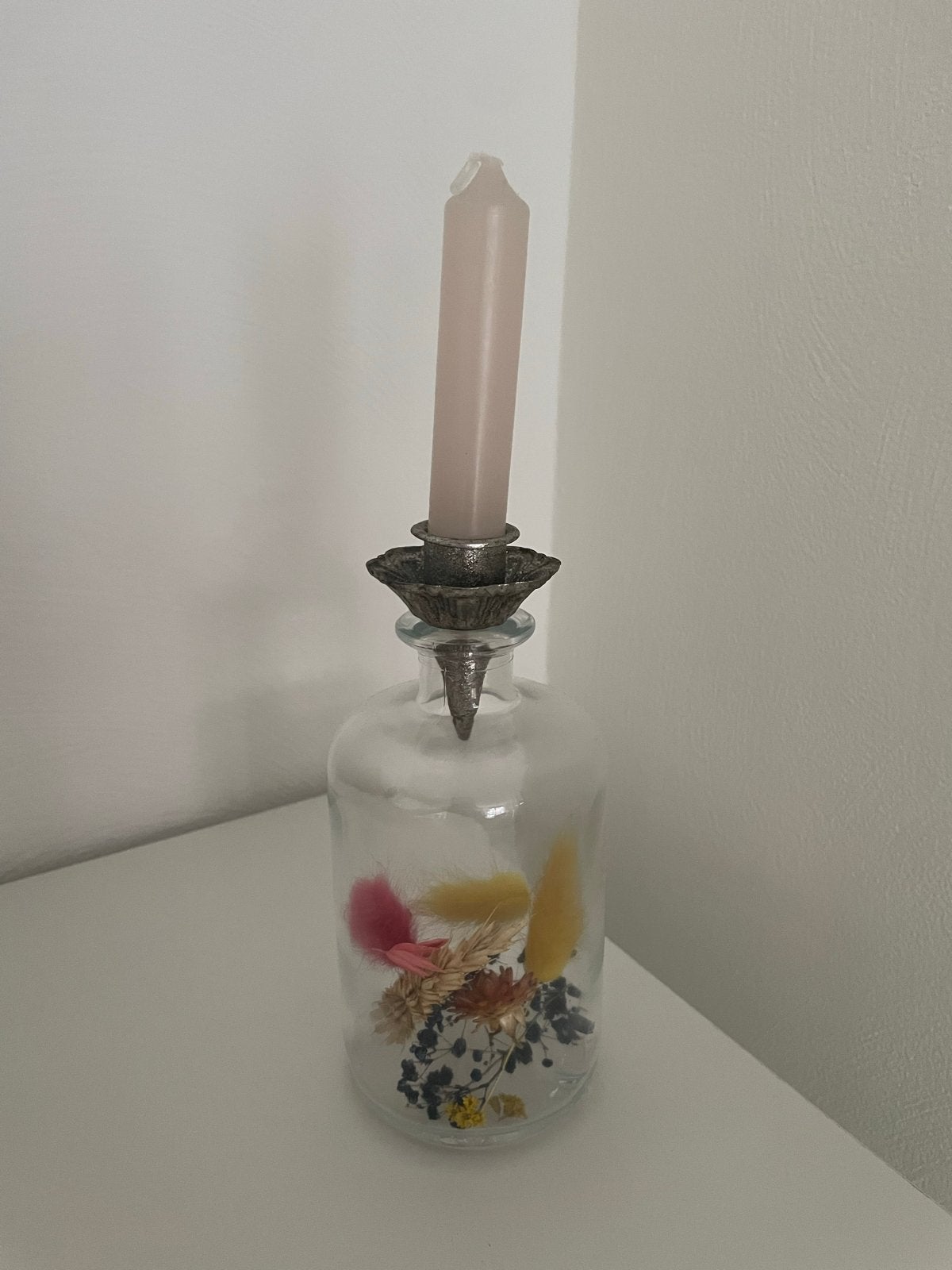 Glazen Kandelaar met Droogbloemen - Uniek Design, Ophalen, Gebruikt, Overige materialen, Kandelaar