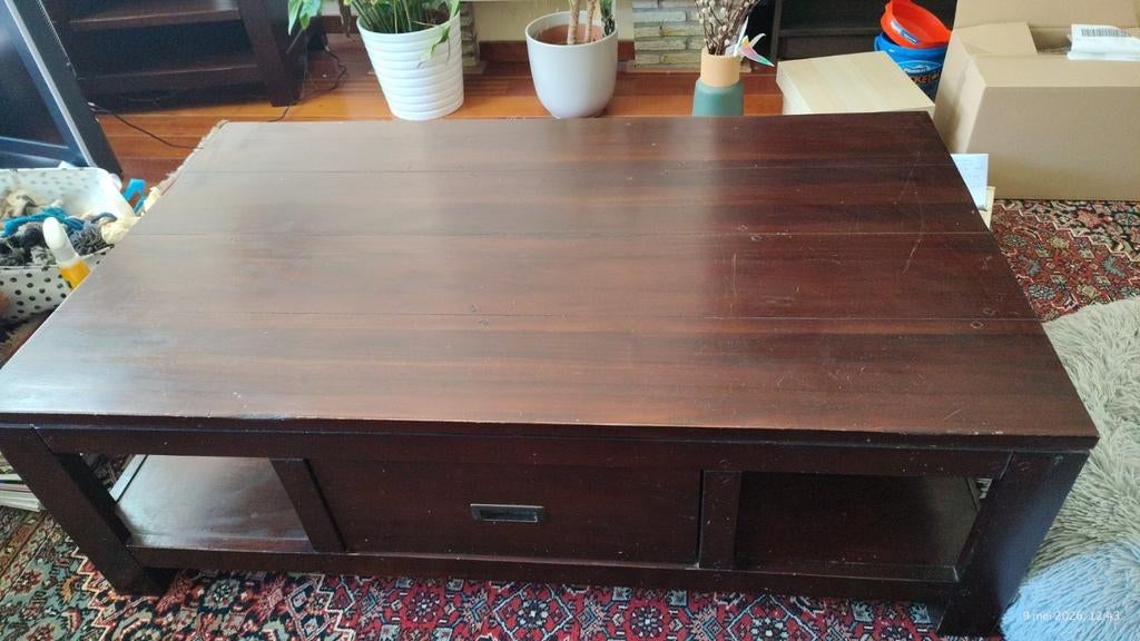 Salontafel met lade en opbergruimte - Donkerbruin hout, Huis en Inrichting, Ophalen, Modern, Klassiek, Gebruikt, Minder dan 50 cm