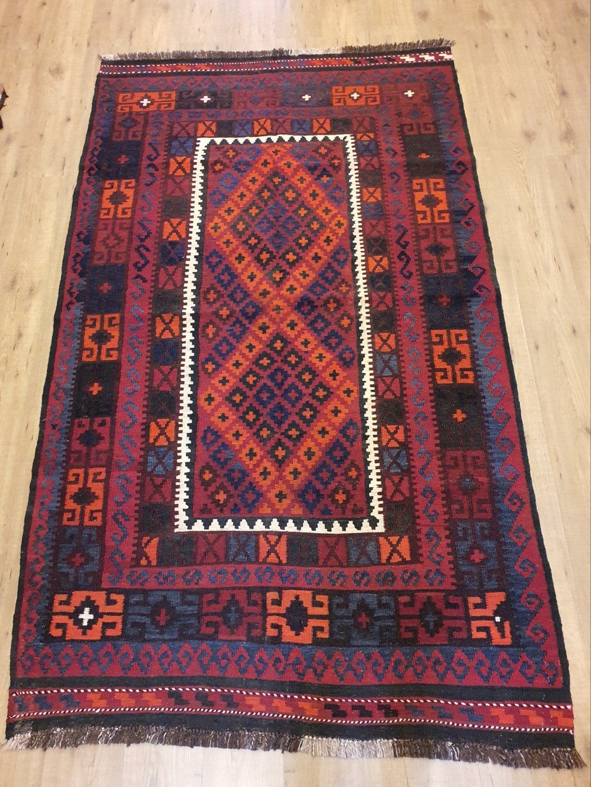 Handgeweven oosterse wollen kelim 243x145, Info@SlatsAntiek.nl, 100 tot 150 cm, Vof Slats Antiek, Ophalen of Verzenden