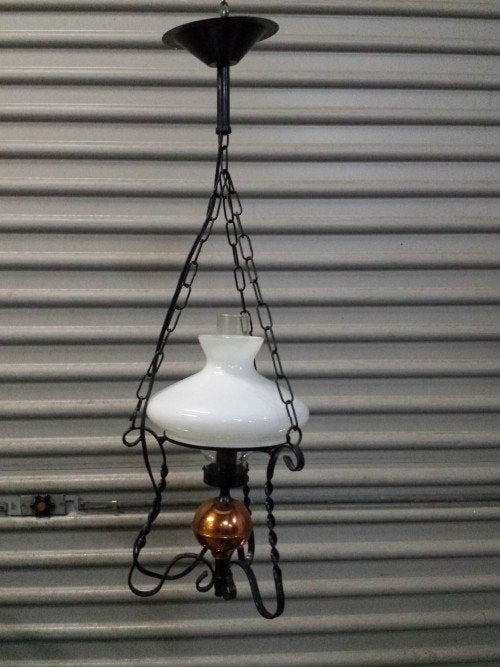 Hanglamp, olielamp elektrisch metaal met koperen bol en witt, Ophalen of Verzenden, 'T Olde Gre-j, Info@toldegrej.nl, Endepoelstraat 20f Didam