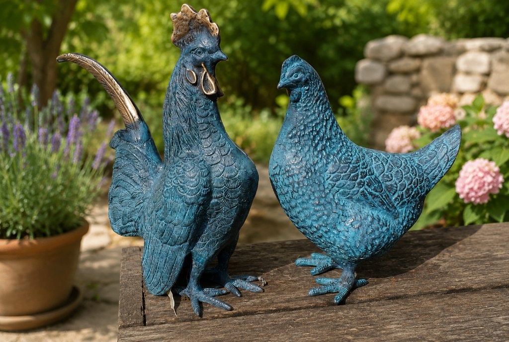 BRONZEN HAAN EN HEN / TUINBEELD / kip