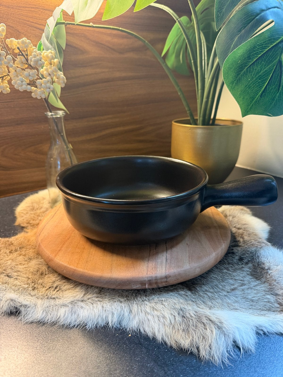 Zwarte vintage kaasfonduepan  met handvat, Huis en Inrichting, Keuken | Potten en Pannen, Gebruikt, Met handvatten, Ophalen of Verzenden