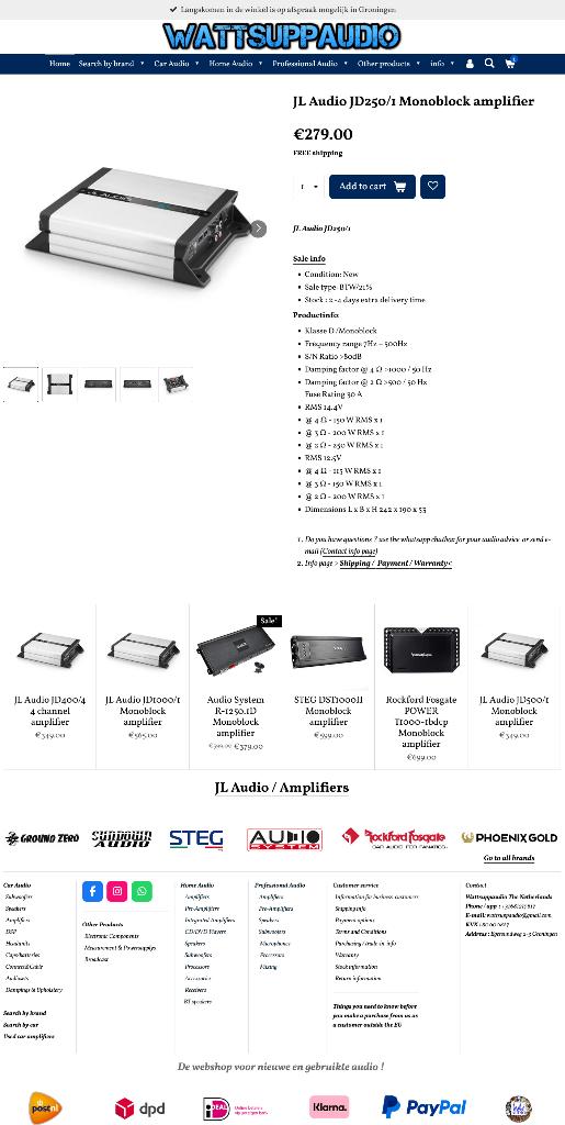 JL Audio JD250/1 Monoblok versterker, Auto diversen, Autospeakers, Hifi-Focus, Aalsmeerderweg 173 1432 CL, Aalsmeer, Nieuw, Ophalen of Verzenden