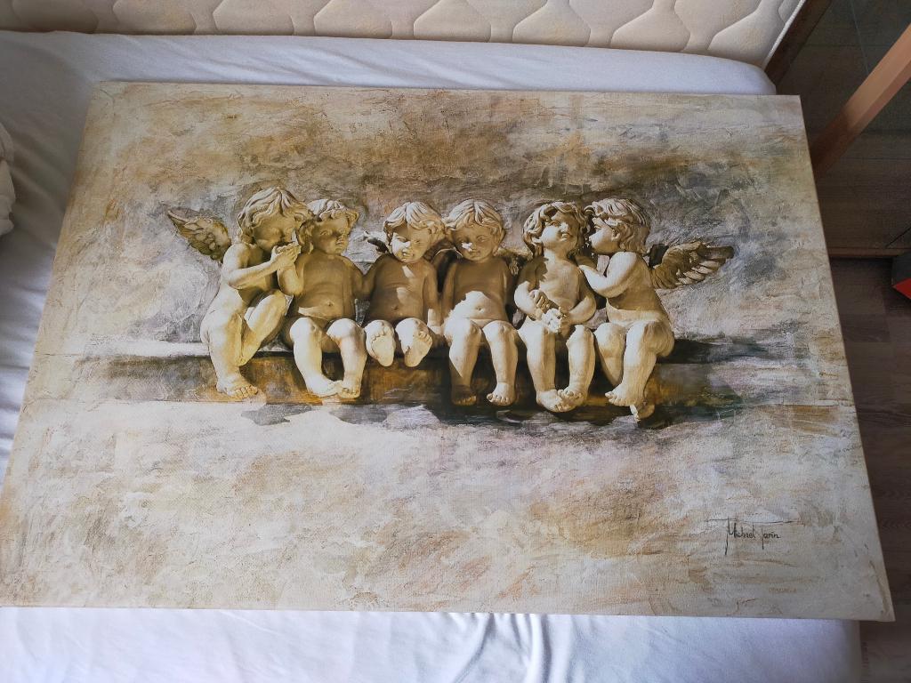 Te koop: Schilderij van engeltjes op canvas - 98 x 68 cm, Ophalen of Verzenden