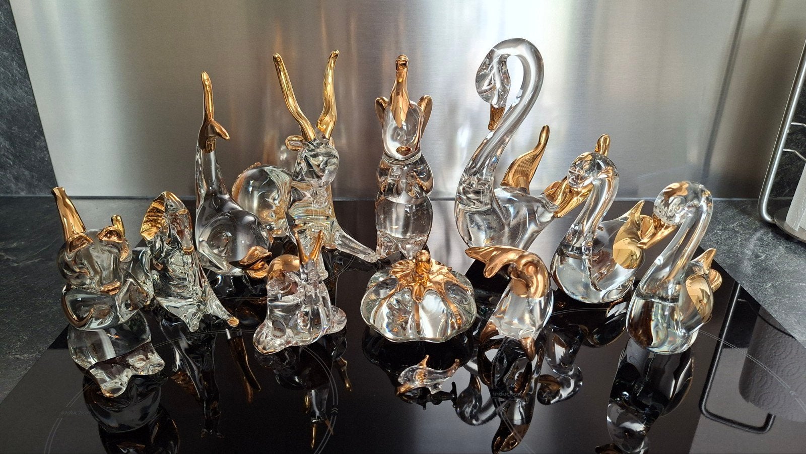 11 Murano Venezia kristallen beeldjes met bladgoud, Antiek en Kunst, Antiek | Glas en Kristal, Ophalen of Verzenden