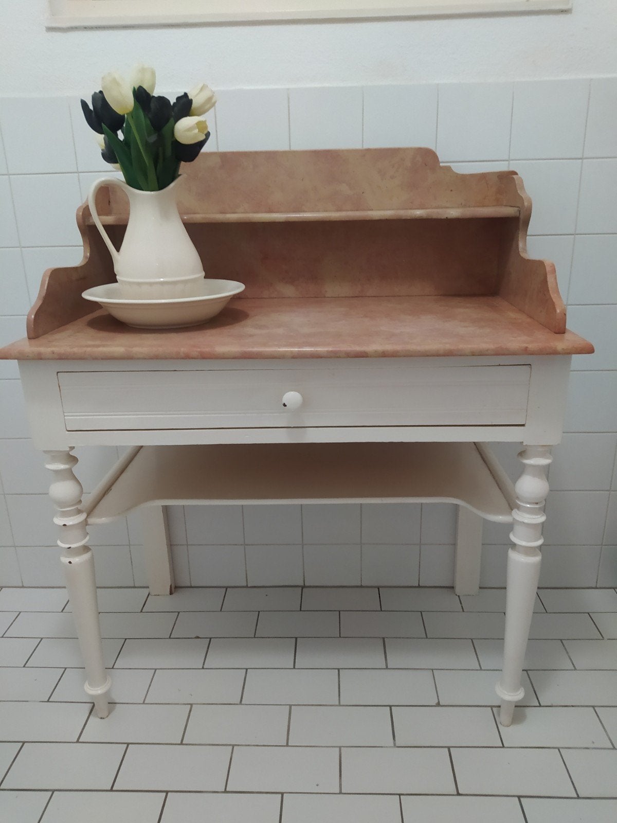 Antieke wastafel met marmeren blad en lade, Ophalen
