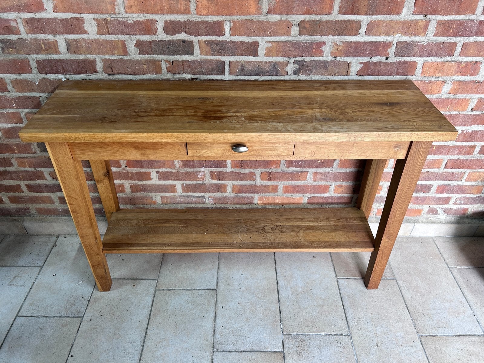Massief Eikenhouten sidetable met lade, Ophalen, Gebruikt, 100 tot 150 cm, Eikenhout