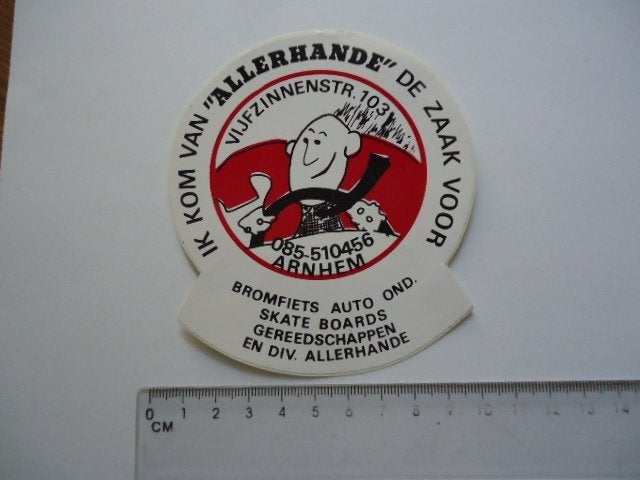 sticker oud Arnhem Allerhande skateboard brommer auto retro, Verzenden, Zo goed als nieuw, Bedrijf of Vereniging