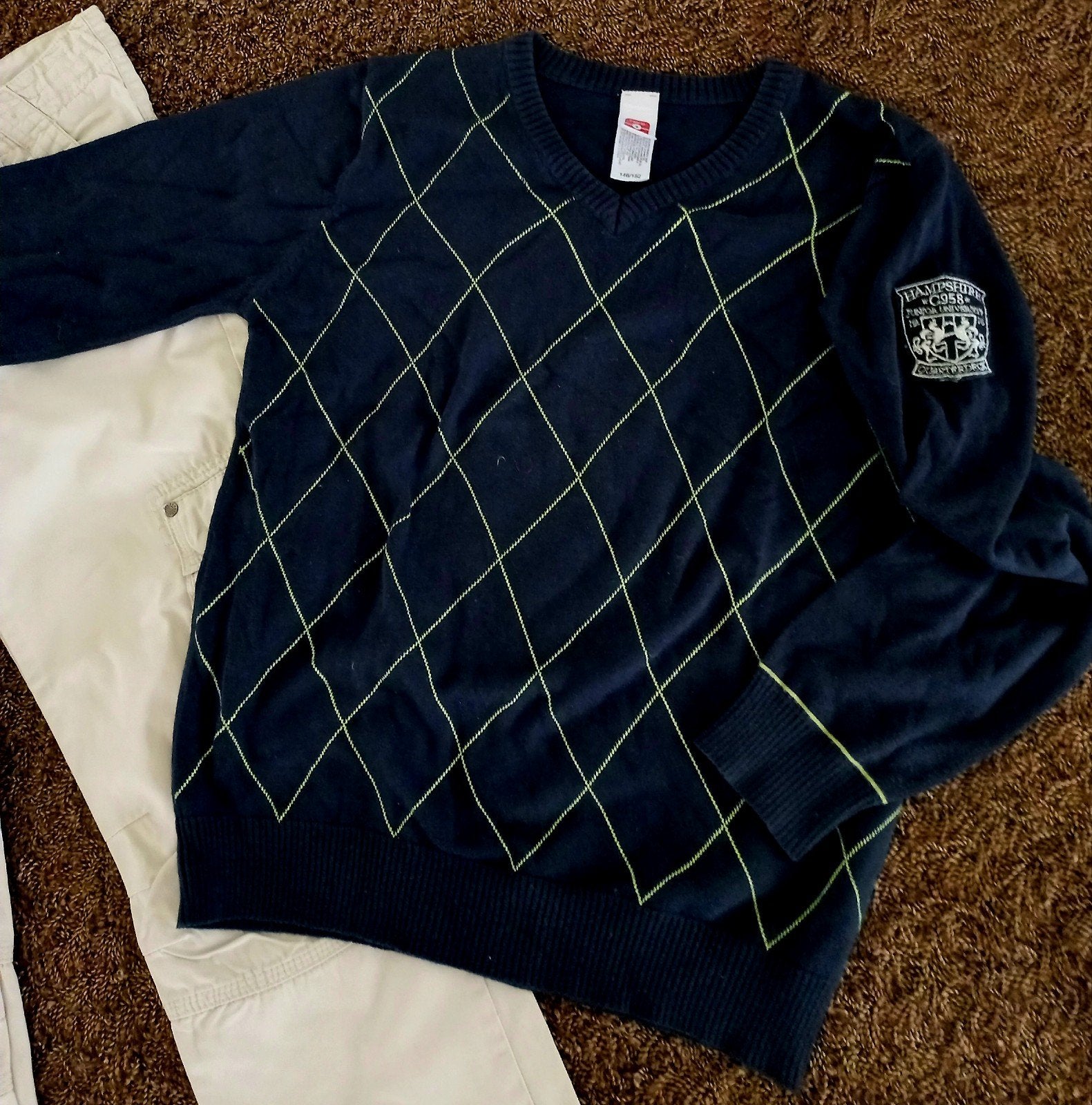 Donkerblauwe trui met ruitpatroon - Here + There C&A, Trui of Vest, Ophalen of Verzenden, Zo goed als nieuw, Jongen