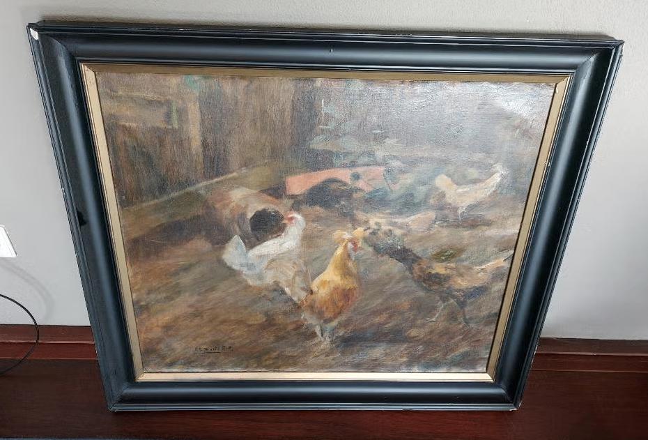 Antiek Kippen Schilderij, Ophalen of Verzenden