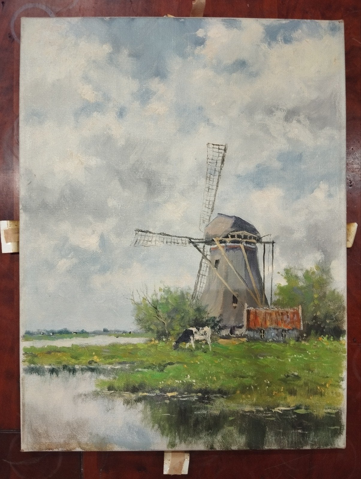 Olieverf op doek: Hollandse molen en koe (40x30 cm), Antiek en Kunst, Doek, Ophalen of Verzenden, Olieverf, Klassiek