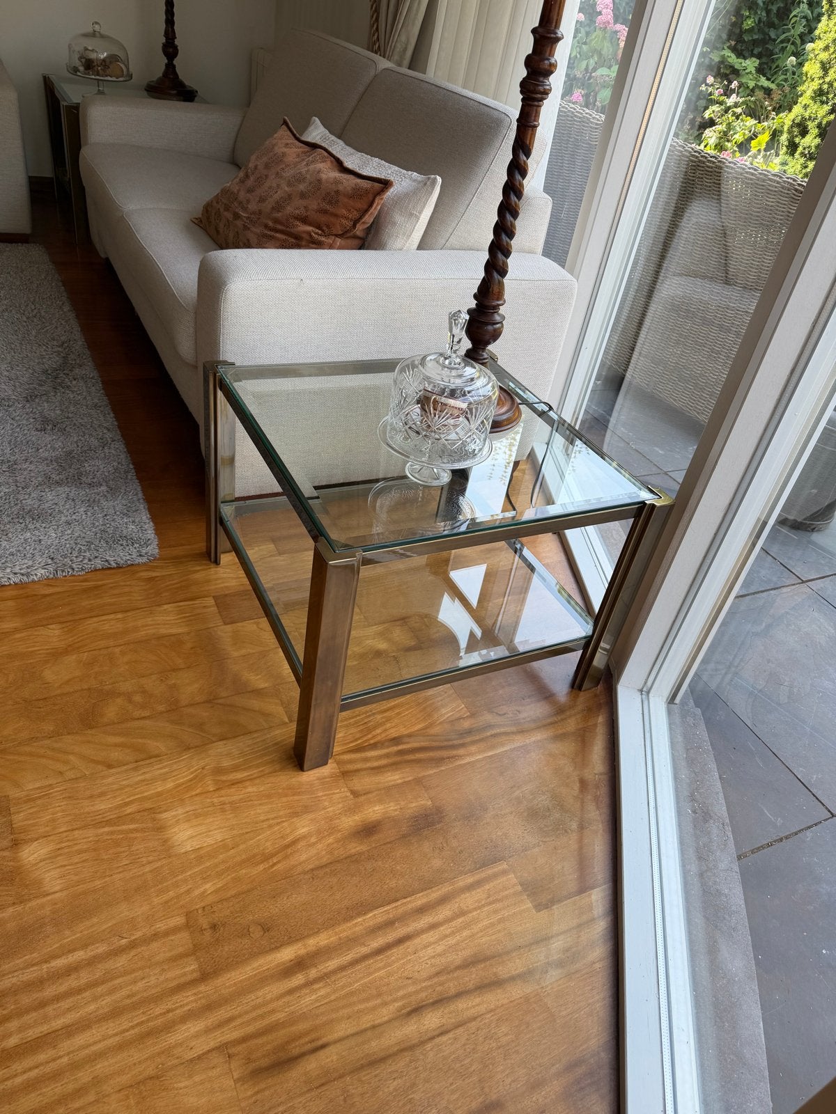 2x Glazen bijzettafel met metalen messing frame, Huis en Inrichting, Tafels | Bijzettafels, Gebruikt, Vierkant, 55 tot 75 cm, Glas