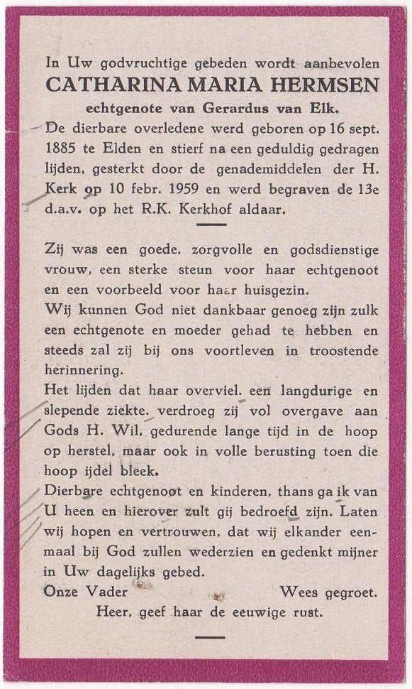 Catharina Maria Hermsen 1885 Elden + 1959 Elden, 73 jaar, Verzamelen, Verzenden