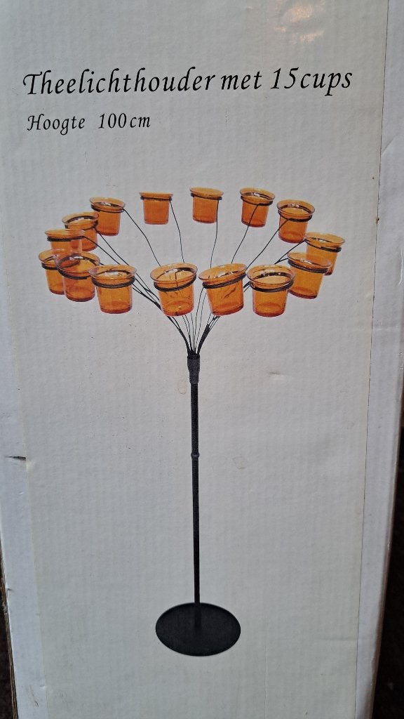 Theelichthouder met 15 oranje cups - Nieuw in doos!, Huis en Inrichting, Woonaccessoires | Kandelaars en Kaarsen, 100 cm, Nieuw