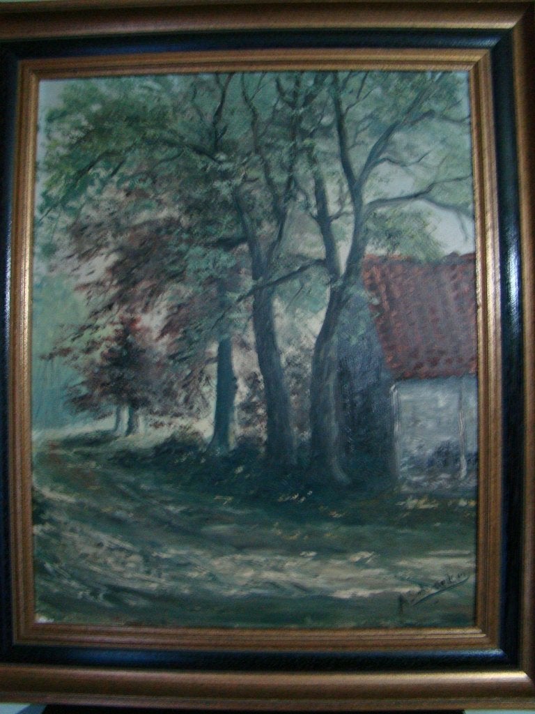 Olieverfschilderij een landschap met bomen en een huis., Ophalen, Doek, Origineel werk, Landschap