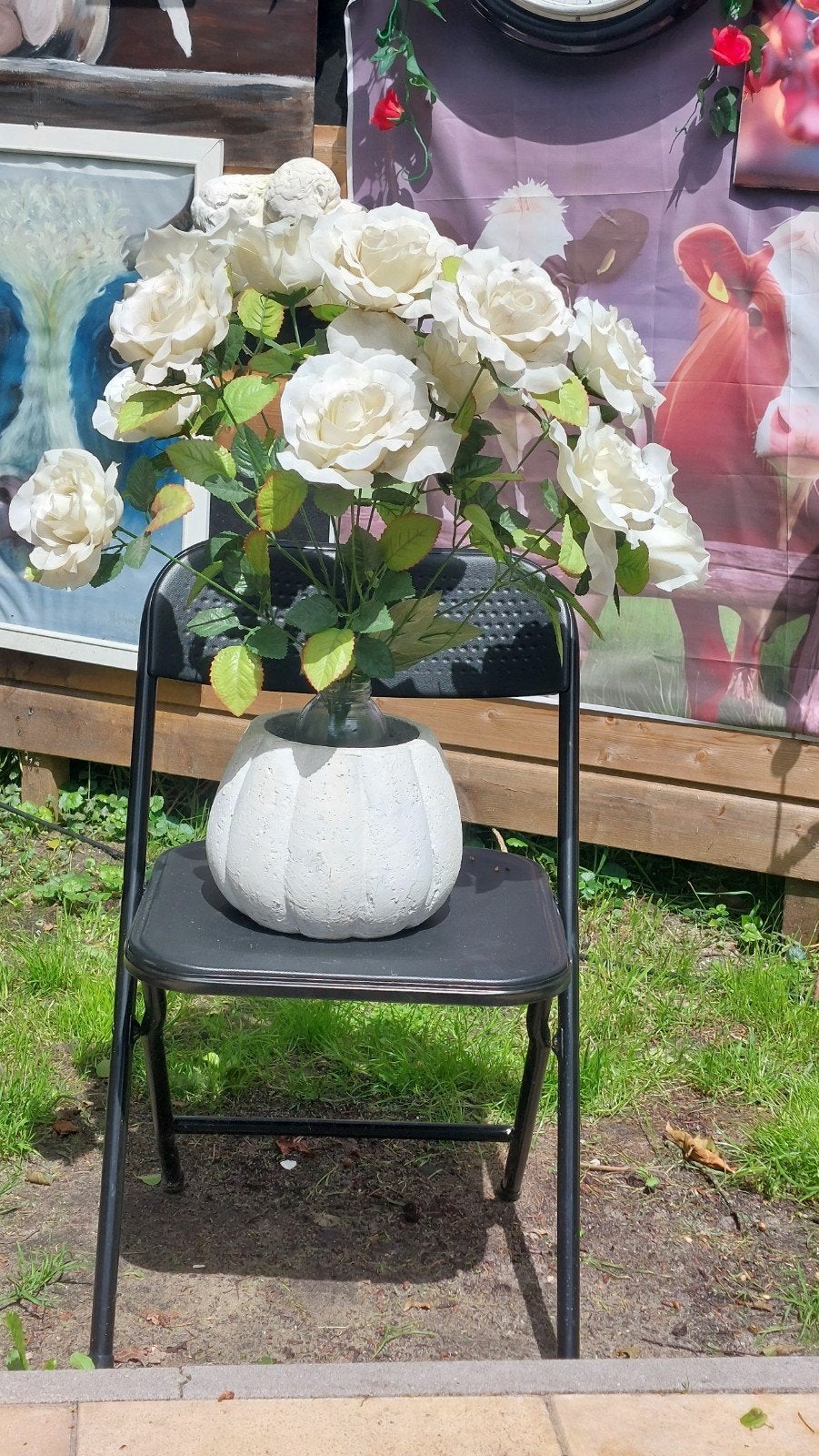 Stenen pot met kunstbloemen rozen, Huis en Inrichting, Woonaccessoires | Kunstplanten en Kunstbloemen, Ophalen, Steen/keramiek
