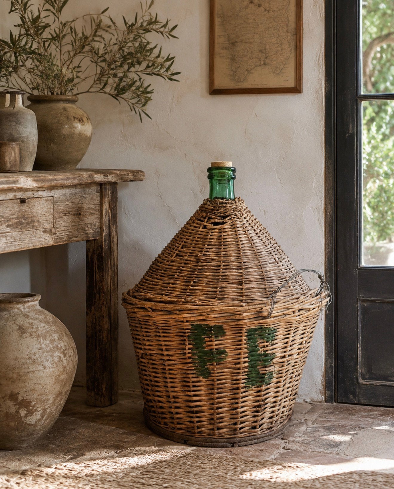 Antieke Franse demi-john / grote mandfles – XXL 65 cm, Huis en Inrichting, Ophalen of Verzenden, Zo goed als nieuw, Rond, Riet
